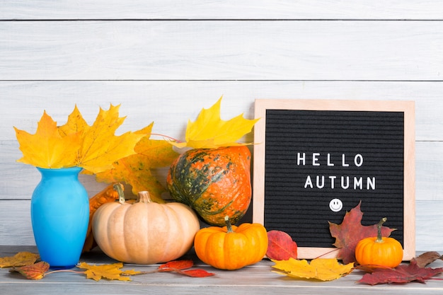 Herfst stilleven afbeelding met pompoenen, vaas met kleurrijke esdoorn bladeren en brievenborden met woorden Hallo herfst tegen witte houten muur.