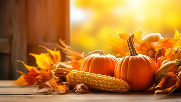 Herfst stilleven met pompoenen, maïs en bladeren op houten achtergrond