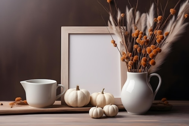 Herfst stilleven van een brunch koffiekop en gedroogd gras in een aardewerkpot kleine witte pompoenen