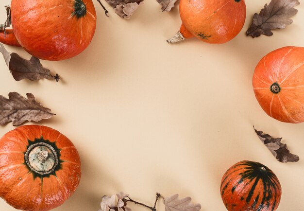 Herfst tafel Frame van hokkaido pompoen droge bladeren bovenaanzicht