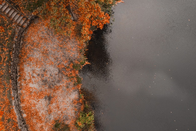 Herfst tafel. Luchtfoto drone uitzicht op het meer en de sinaasappelboom