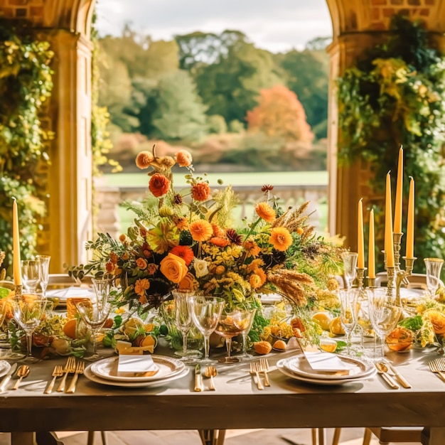 Herfst tafel scape herfst diner tafel setting vakantie tablescape voor bruiloft verjaardag of feest evenement viering generatieve ai