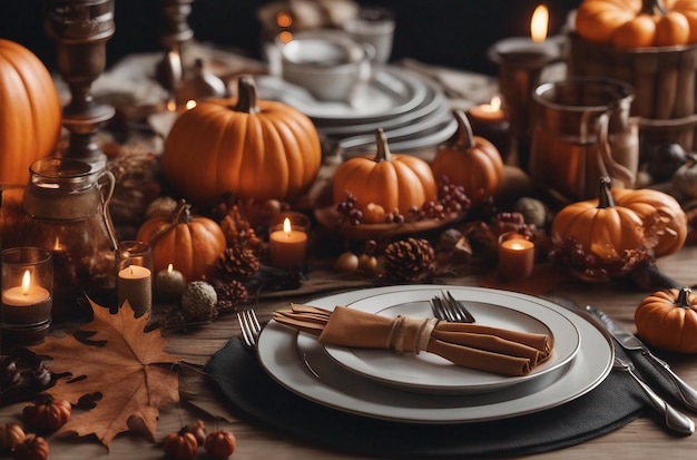 Herfst Thanksgiving Table Instelling achtergrond bestek en servet op houten tafel met pompoenen en een