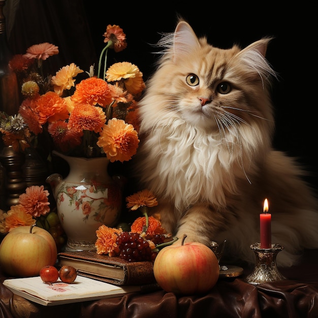 Herfst theefeest met taart en kat Thanksgiving