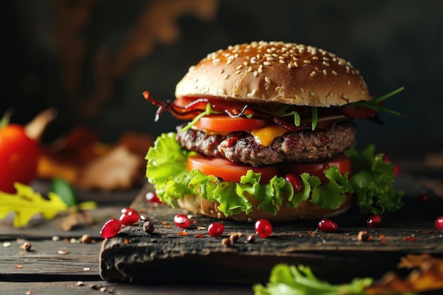 Herfst voedsel concept Creatieve hamburger op zwarte achtergrond Cover