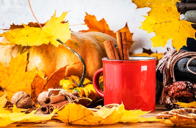 Herfst warme drank in rode kop op herfstachtergrond met pompoenen gevallen bladeren herfstkleding sjaals op rustieke houten tafel