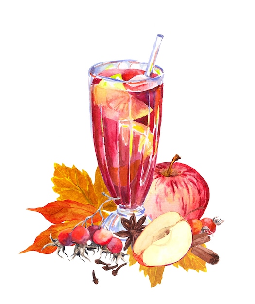 Herfst warme drank met appels, bessen, kruiden, herfstbladeren. waterverf voor theetijd