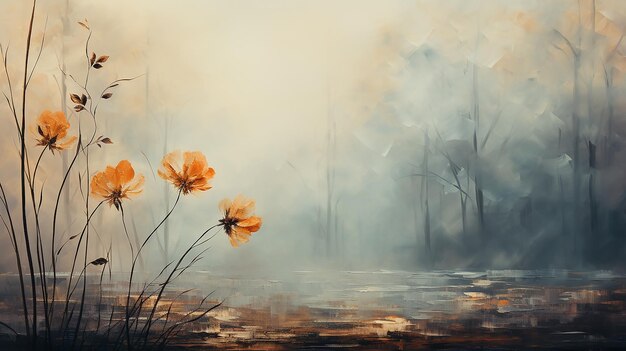 herfst wazig achtergrond ochtend bos in een zonnige mist gele herfst bladeren tekenen laag schilderen