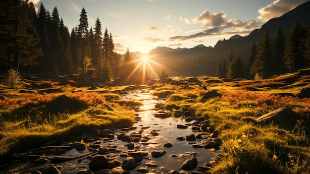 Herfst weide verlichte bosgroei bij zonsopgang