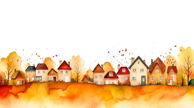 Herfstbanner met aquarel tekening van een prachtig herfst landelijk landschap op witte papier achtergrond