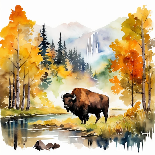 Herfstbison staande bij de stroom in aquarelstijl AI gegenereerd