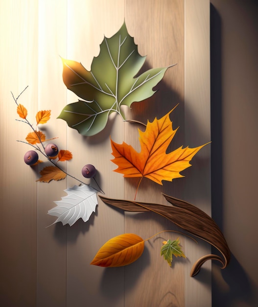 Herfstblad met herfstbladeren en knoppen op de houten achtergrond van de tafel in de stijl van daz3d minim