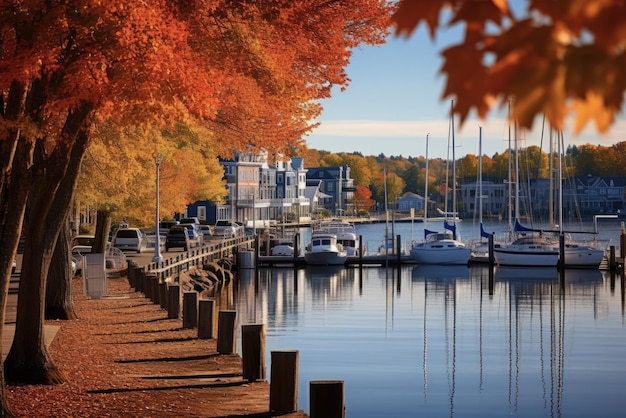 Herfstbladeren bij Lake Winnipesaukees Meredith Bay in het historische New Hampshire stad Meredith