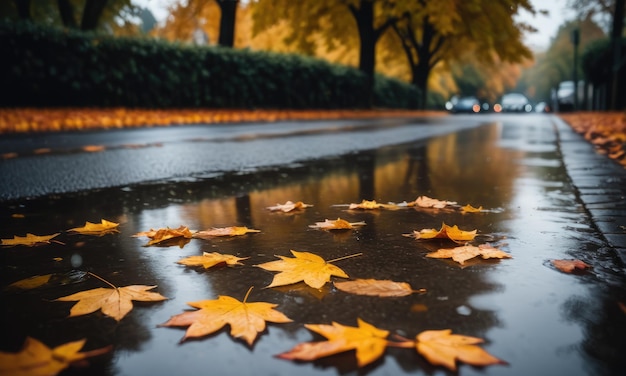 Herfstbladeren die zachtjes drijven in regengevulde plassen.