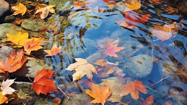 Herfstbladeren drijven in een vijver van water