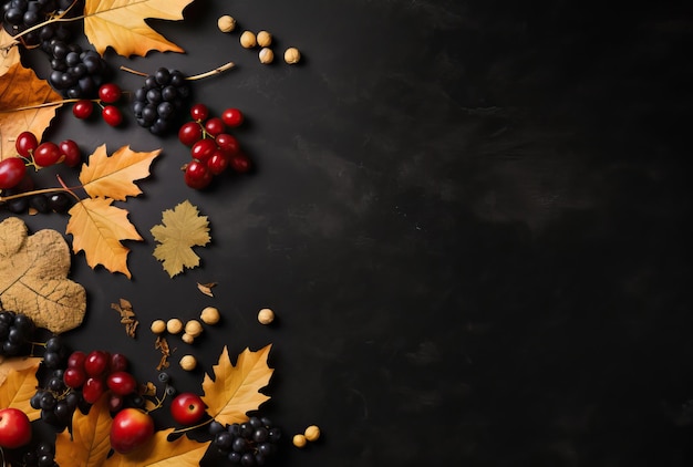 herfstbladeren druiven en kruiden op zwart gelegd in de stijl van minimalistische achtergronden