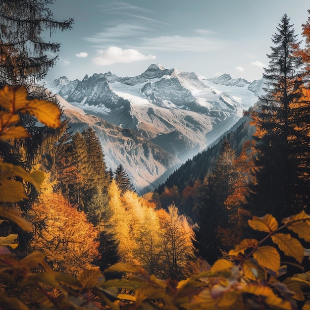 Herfstbladeren in de Zwitserse Alpen met besneeuwde bergen