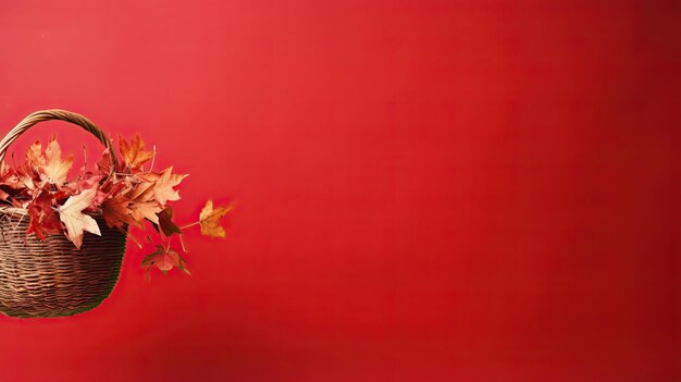 Foto herfstbladeren in een mand op een rode achtergrond met kopieerruimte