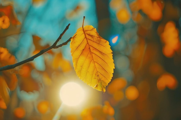 Herfstbladeren in gouden kleuren onder een zonnige hemel.