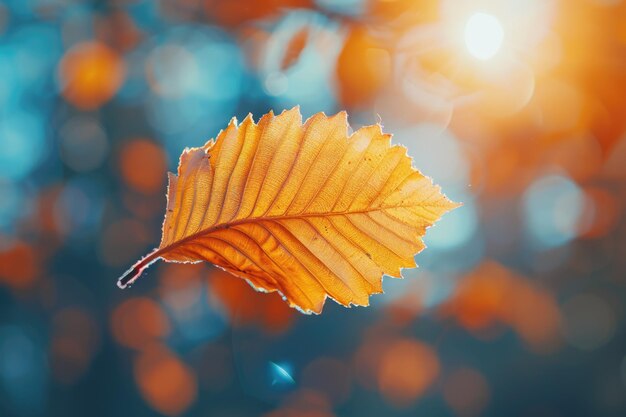 Herfstbladeren in gouden kleuren onder een zonnige hemel.