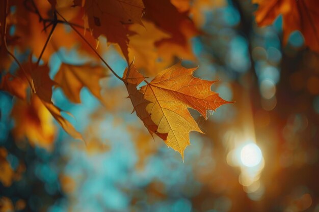 Herfstbladeren in gouden kleuren onder een zonnige hemel.