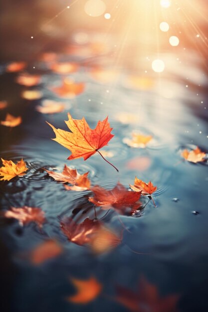 Herfstbladeren in het water met de zon achter hen.