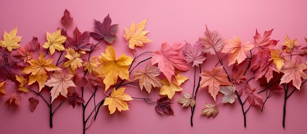 Herfstbladeren in verschillende kleuren sieren een roze achtergrond met voldoende ruimte voor extra inhoud