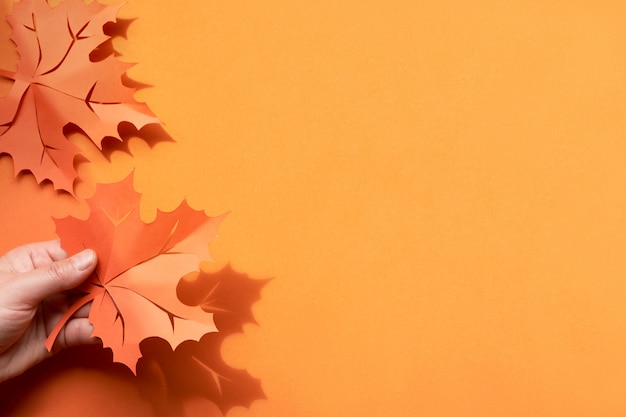 Herfstbladeren met schaduwen, plat lag met kopie-ruimte op papier achtergrond