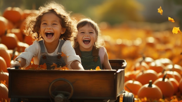 Herfstbladeren met twee kinderen in een wagen door een pompoenveld Generatieve Ai