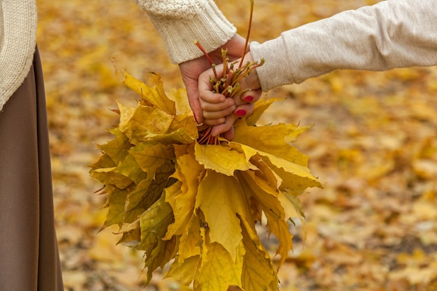 Herfstbladeren. Moeder en dochter wandelen in het herfstpark, hand in hand met het boeket van gevallen bladeren.