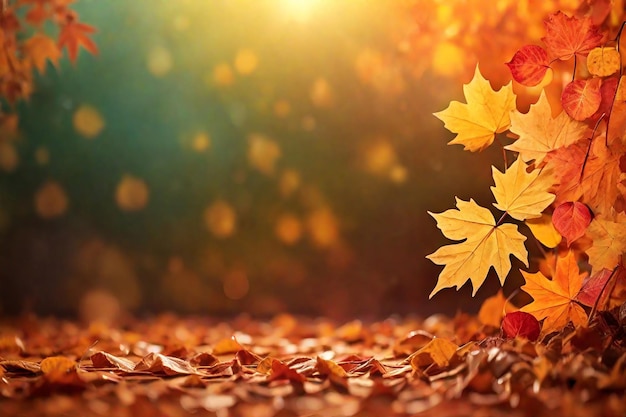 Herfstbladeren op de achtergrond met bokeh en zonnestralen