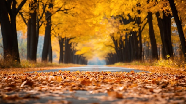 Herfstbladeren op de weg.