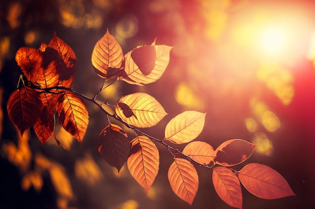 Herfstbladeren op de zon en vage bomen. Herfst achtergrond