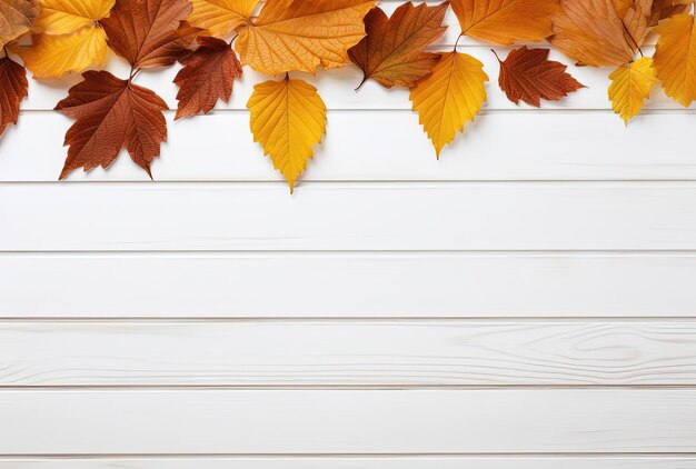 herfstbladeren op een witte houten tafel minimalistische achtergrond