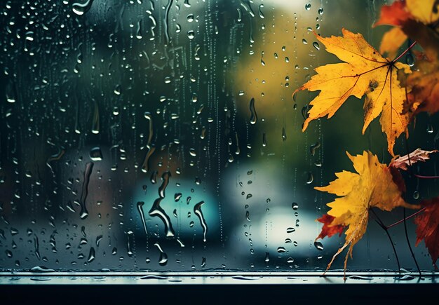 Herfstbladeren op nat glas bij regenachtig weer