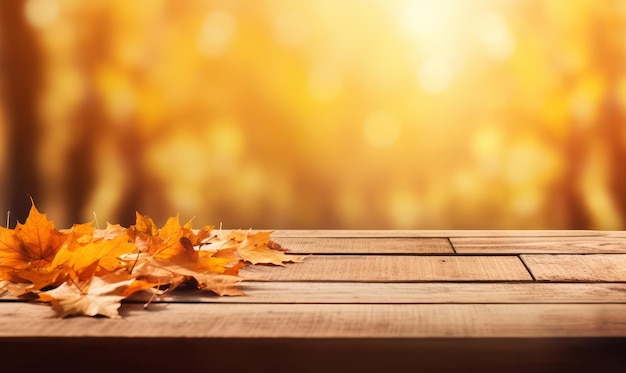 herfstbladeren vallen op houten tafel