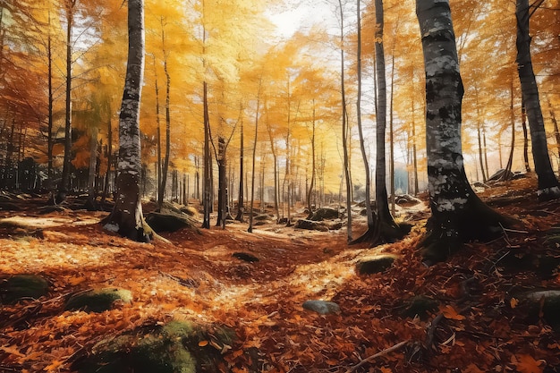 Herfstbladeren van een bosweg vallen op een herfstachtergrond in september AI