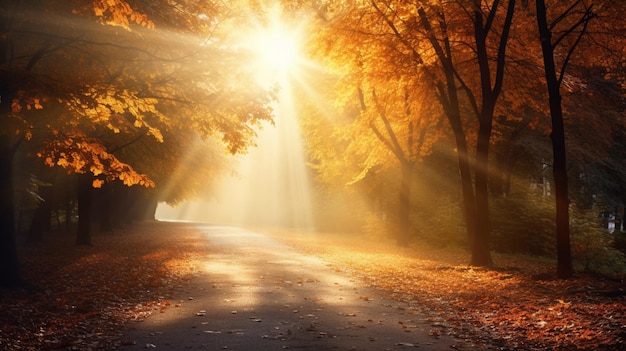 Herfstbomen en bladeren in het zonlicht Generatieve AI