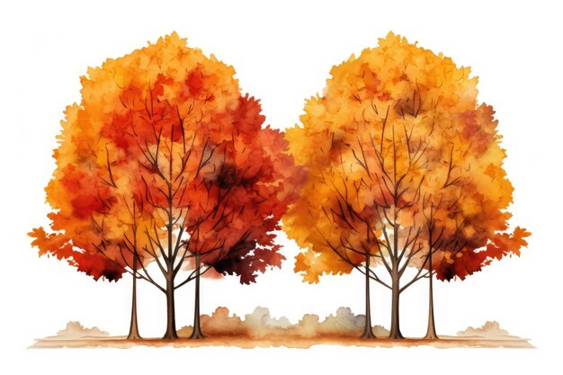 Herfstbomen van verschillende kleuren geïsoleerd op witte achtergrond geschilderde stijl
