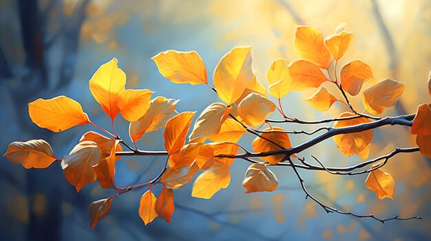 Herfstboomtak met felgele bladeren op blauwe achtergrond