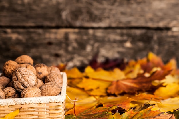 Herfstborder van walnoten en esdoornbladeren op hout