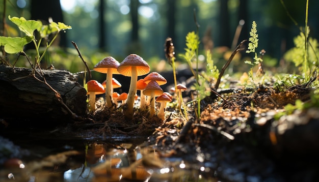 Foto herfstbos close-up van gele bladgroei gegenereerd door ai