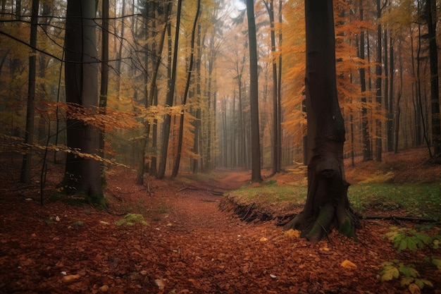 Herfstbos met gevallen bladeren en rijke kleuren gemaakt met generatieve AI