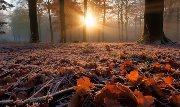 Herfstbos met ochtendvorst en zonnestralen gecreëerd met behulp van generatieve AI-tools