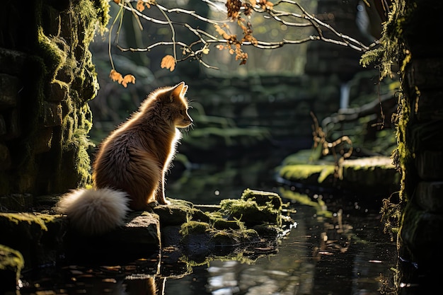 Herfstbos met stroombrug en dieren generatieve IA