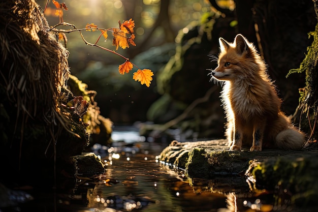 Foto herfstbos met stroombrug en generatieve dieren ia