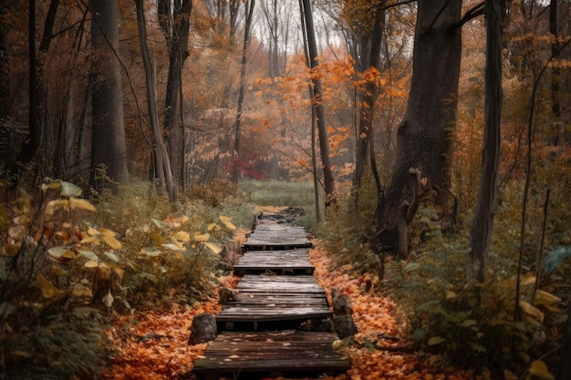 Herfstbos met vlonderpad dat leidt naar een open plek omgeven door kleurrijk gebladerte