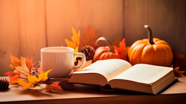 herfstcompositie met een boek en een kop thee