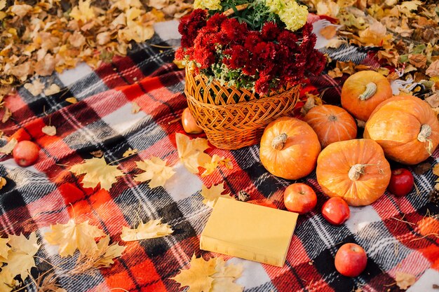 Herfstcompositie met pompoenen esdoorn bladeren en rode appels en bloemen