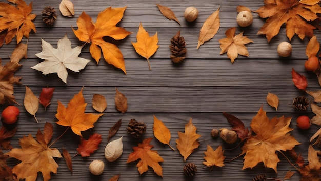 Herfstcompositie Patroon gemaakt van gedroogde bladeren en andere designaccessoires op tafel Plat gelegd